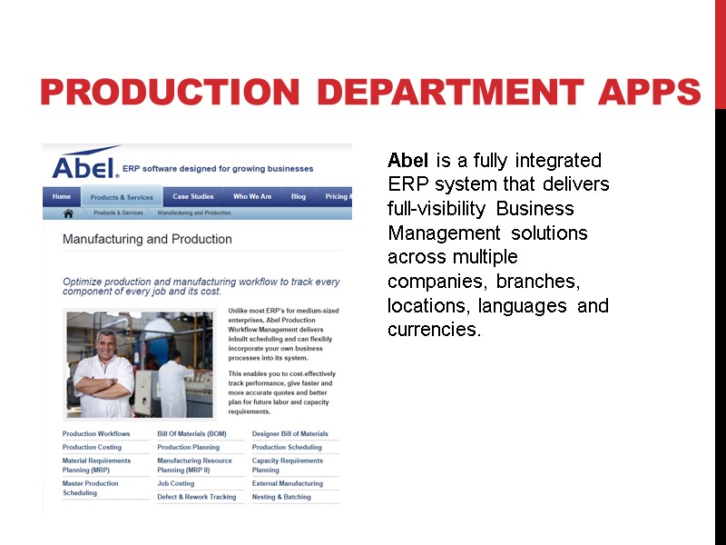Production department apps Abel is a fully integrated ERP system that delivers full-visibility Business